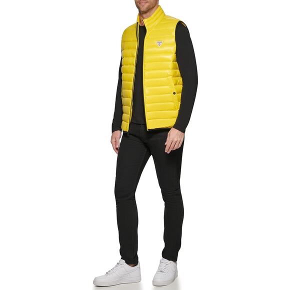 Guess Mens Yellow Puffer Vest L Full Zip Quilted Mock Neck Lightweight Nylon New - Picture 8 of 16